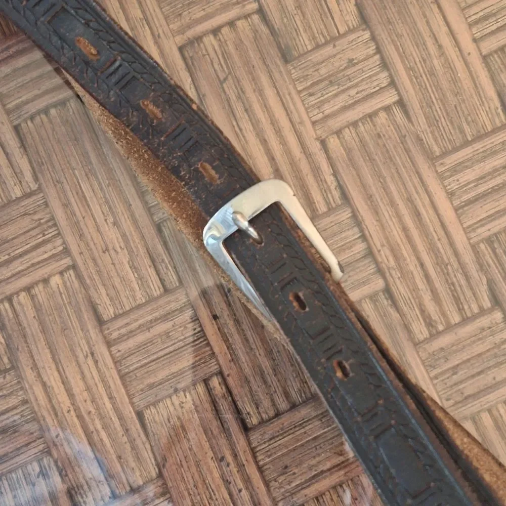 Vintage Leather Tooled Skinny Belt XS-S Basket Weave Western Pattern Black